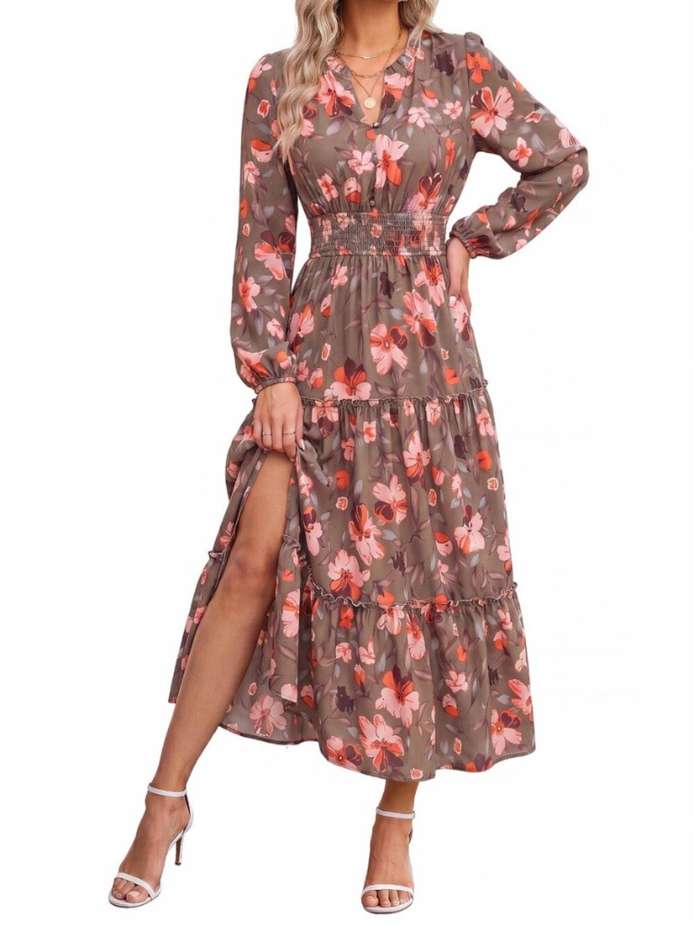 Women's Floral Maxi Dress 2026 Fall Long Sleeve V Neck Empire Waist A Line Flowy